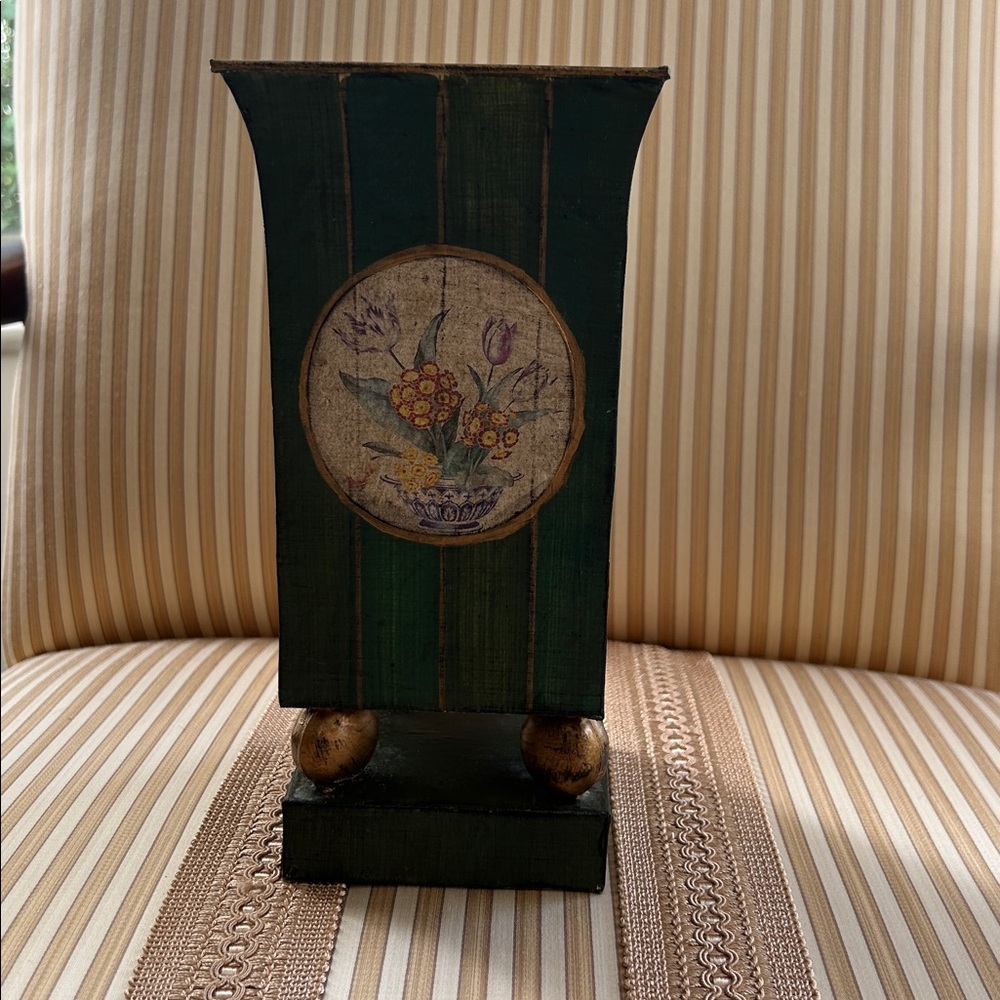 Vintage Green Floral Tin Plant Holder with Gold Accents